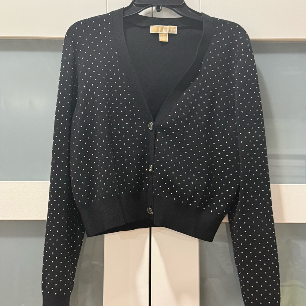 Michael Kors NWOT Black Rhinestone V Neck Cardigan Sweater size Large - Picture 6 of 13
